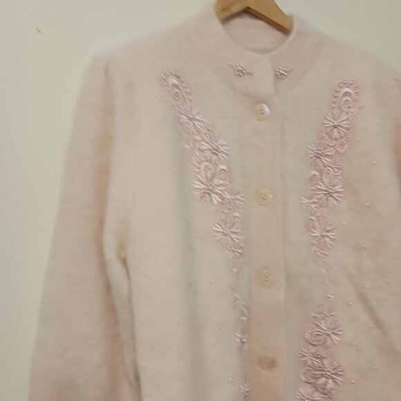 Lee Sands O/S Granny Core Long Angora Blend Baby Pink Cardigan W/ Embellishment - Picture 6 of 16